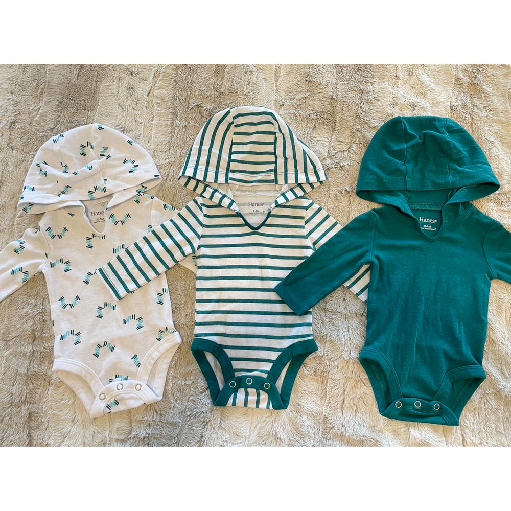 Baby Boy - 0-6 Hanes Long Sleeve Hooded Blue / Green Onesies (Set of 3)